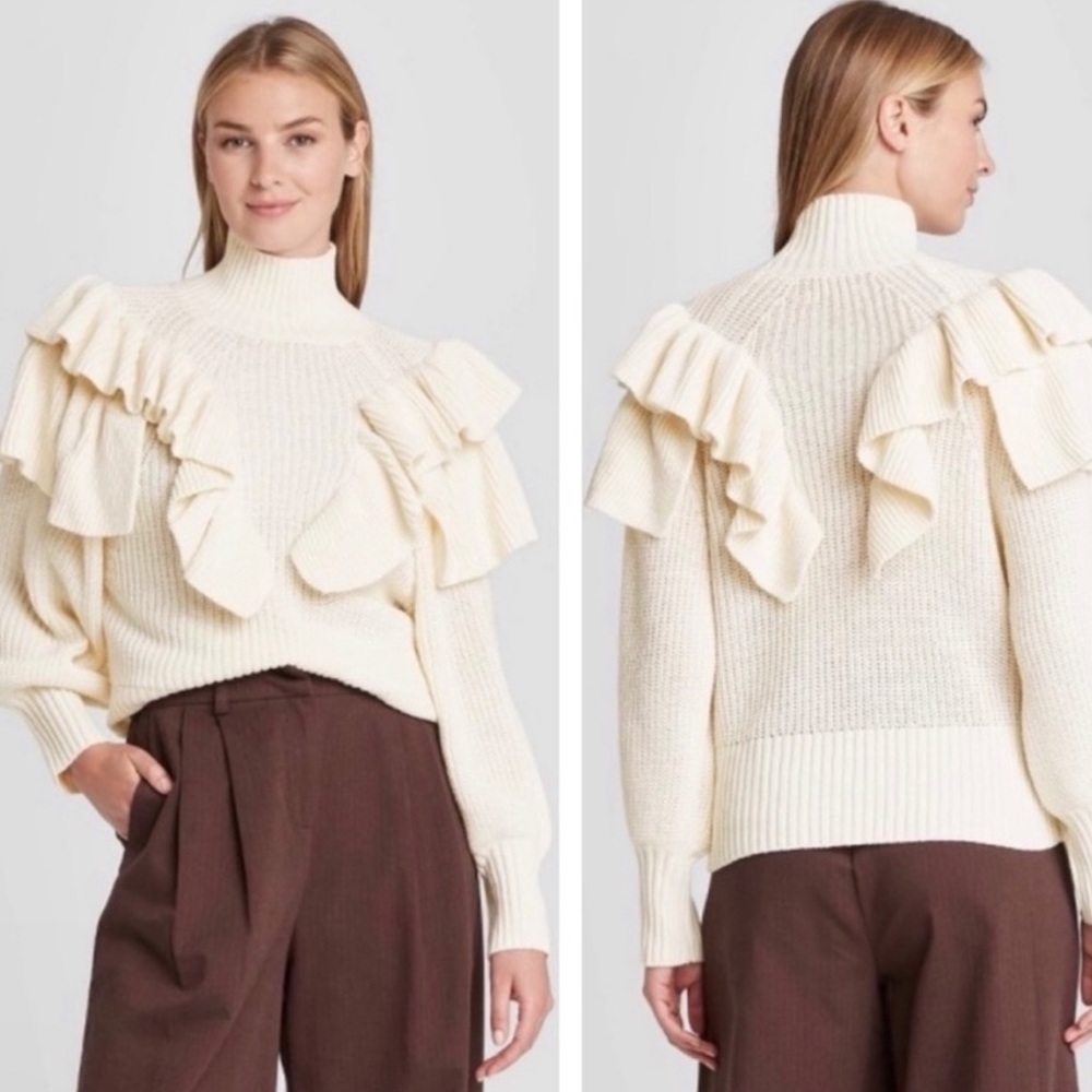 Cream Ruffle Turtleneck Sweater